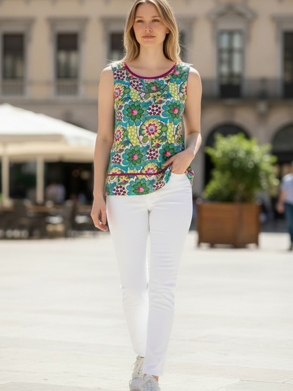 Sara Floral Print Tank Top in Green, Teal, Purple and Pink